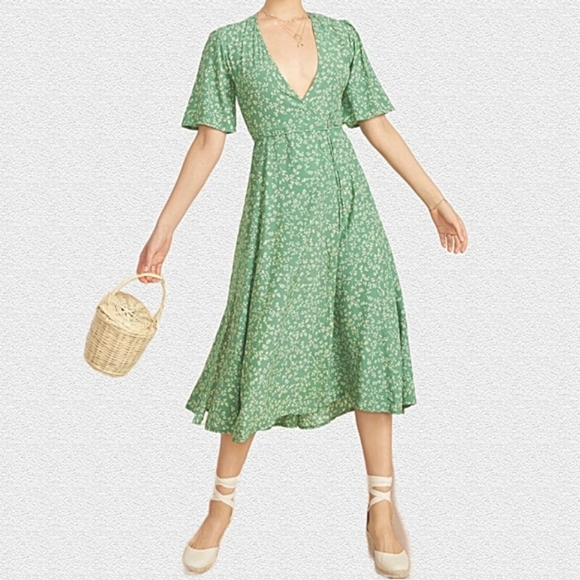 Faithfull the Brand Dresses & Skirts - Faithfull the Brand Short Sleeve Dainty Floral Print Green Wrap Dress Size 12